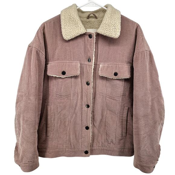 Avec Les Filles Corduroy Trucker Jacket Button Down Faux Sherpa Lined Pink M - Picture 2 of 5